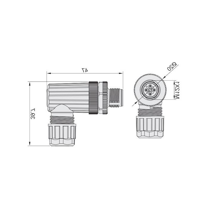 M12 5Pin、公头90°、食品級、螺钉连接、64F349